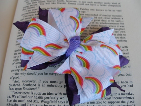 Hair Bow-- Rainbow and Purple Layered Boutique Hairbow