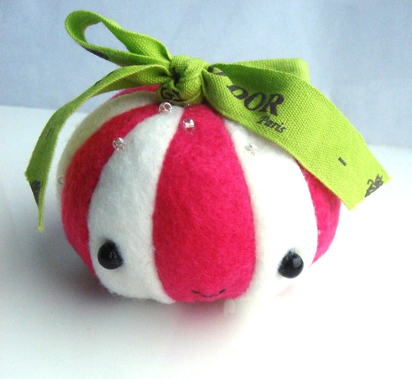 Striped Candy Plush: Christmas Peppermint (Pink / Red, White) Candy Cane Pin Cushion, Holiday Plush Cake, Pincushion, Green Bow, Hand Sewn