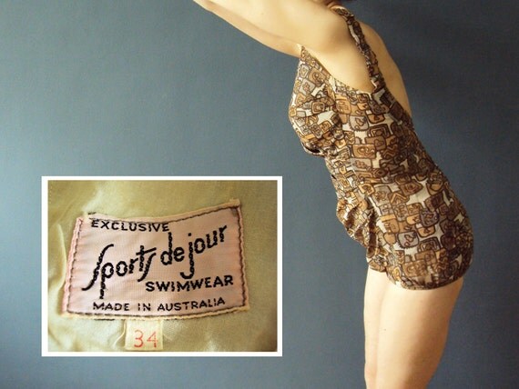 Vintage 50s Bathing Suit One Piece Swim Suit Abstract Geometric Brown Medium Australian Vintage
