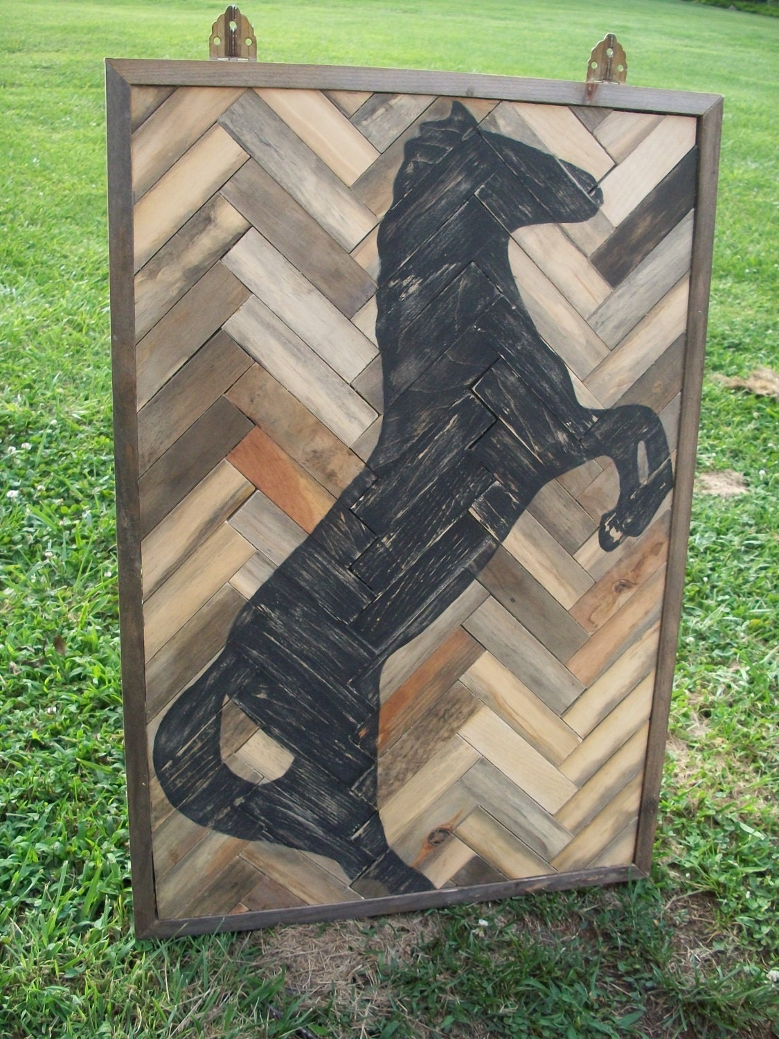 Black Stallion - upcycled, herringbone horse art