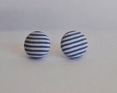 BUY 1 GET 1 FREE, Fabric Button Earrings, Blue and White stripes
