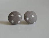 BUY 1 GET 1 FREE, Fabric Button Covered Earrings, Grey Polka Dot
