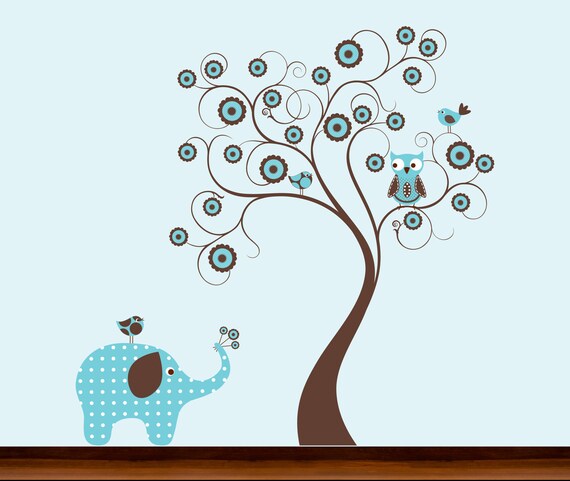 On Sale...99.00...Was 119.00...Blue and Brown Dot Pattern Flower Tree with Owl and Elephant - Vinyl Wall art Decal
