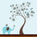 On Sale...99.00...Was 119.00...Blue and Brown Dot Pattern Flower Tree with Owl and Elephant - Vinyl Wall art Decal
