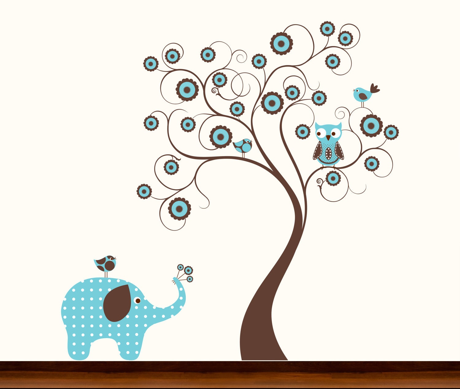 On Sale...99.00...Was 119.00...Blue and Brown Dot Pattern Flower Tree with Owl and Elephant - Vinyl Wall art Decal