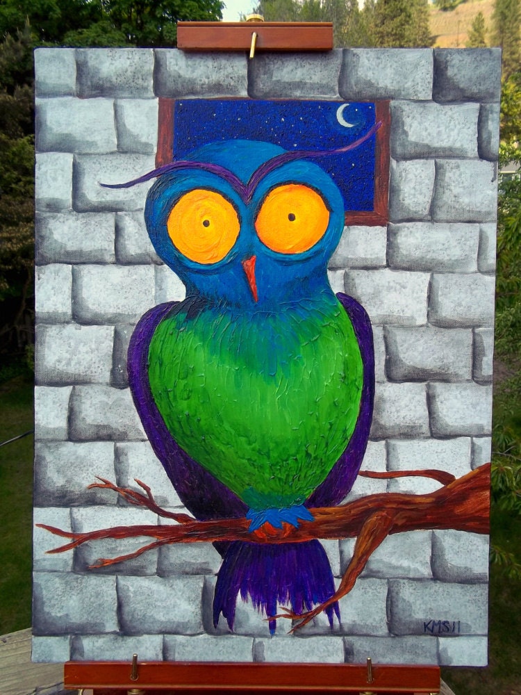 24x18 Mixed media owl painting on canvas: Window of Opportunity