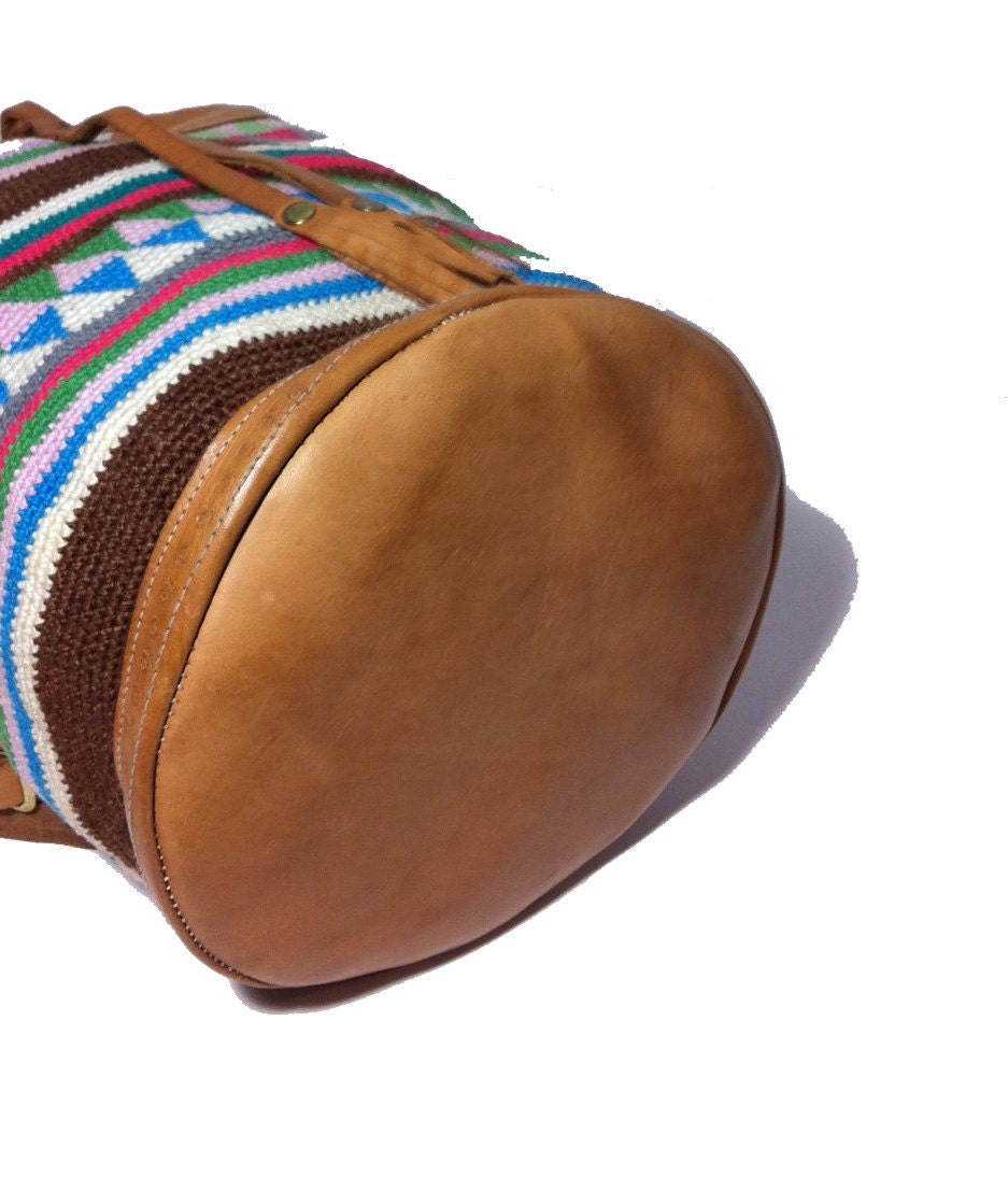 Vintage Southwestern Leather Draw String Bucket Backpack