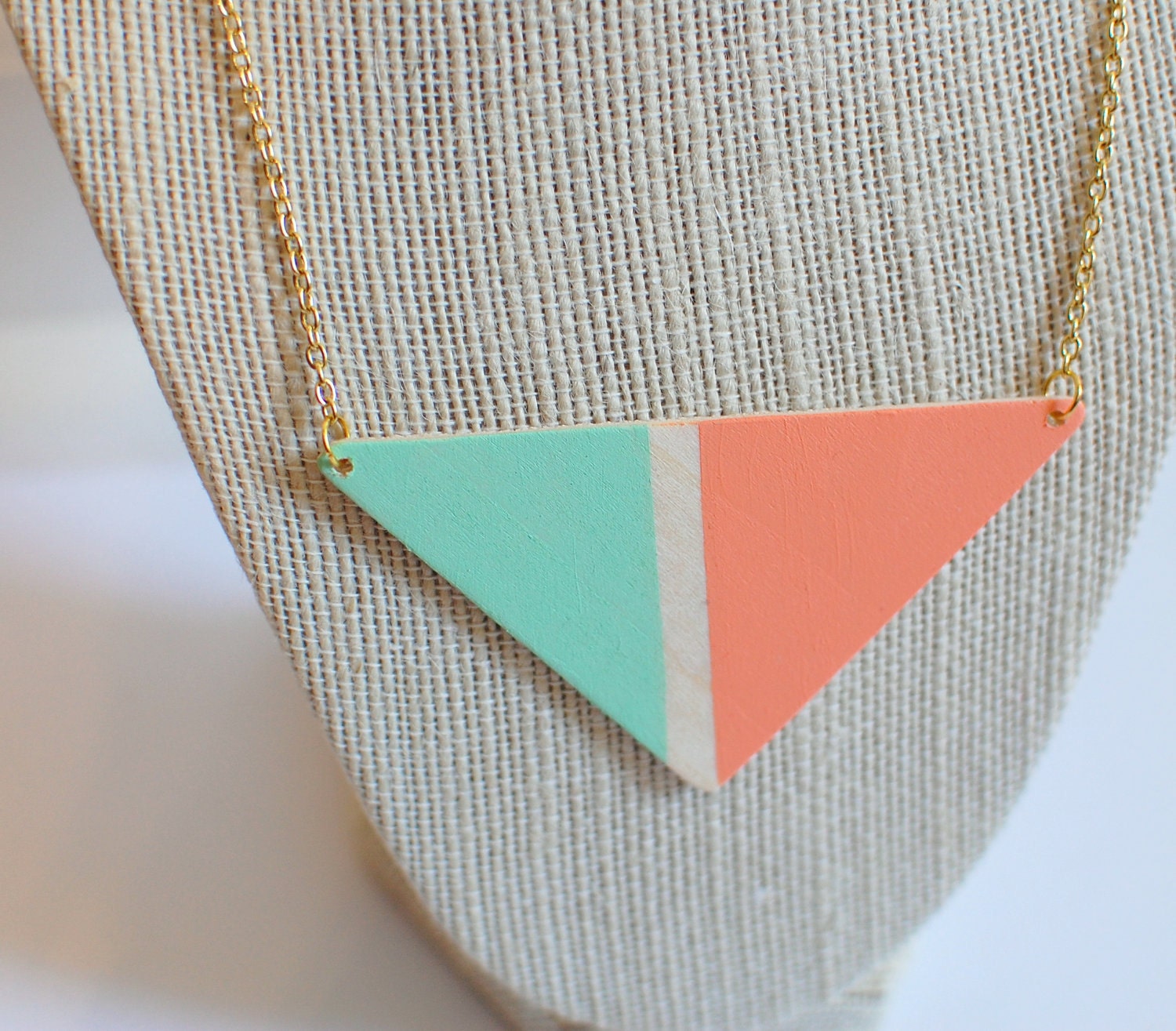 painted wood triangle pendant necklace - coral, mint color block - gold chain