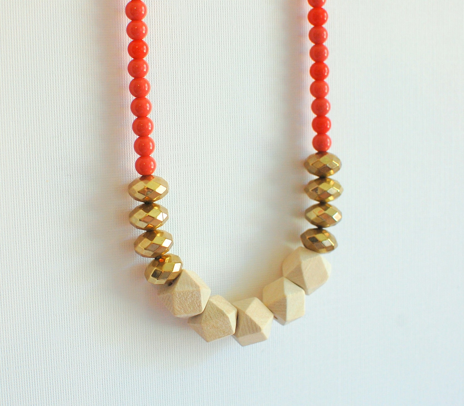 coral, gold, geometric wood beaded necklace - leather cord - modern summer necklace