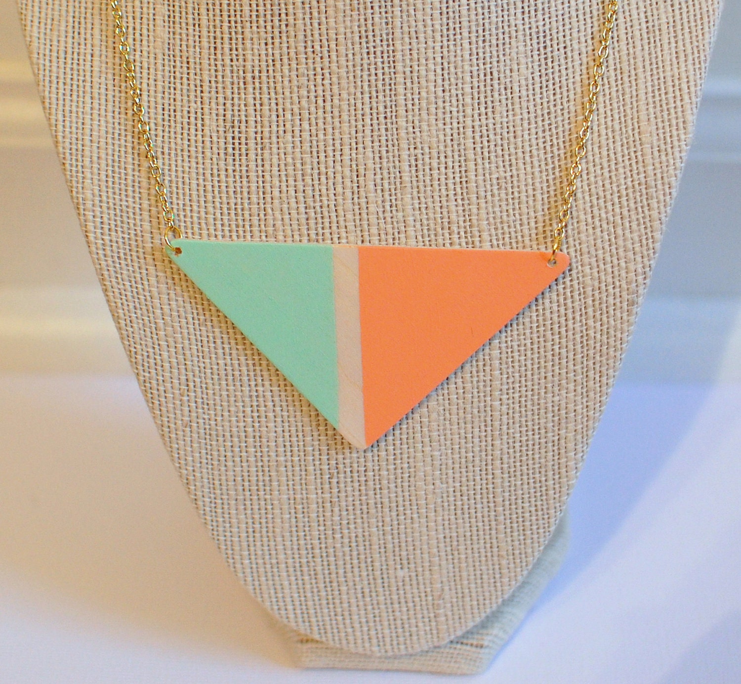 painted wood triangle pendant necklace - coral, mint color block - gold chain