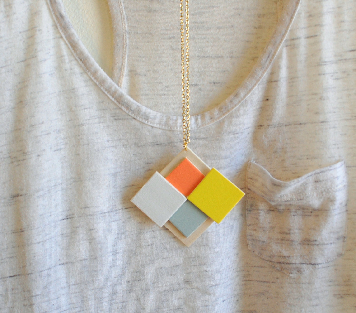 geometric wood diamond necklace - yellow coral blue white - modern necklace