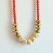 coral, gold, geometric wood beaded necklace - leather cord - modern summer necklace