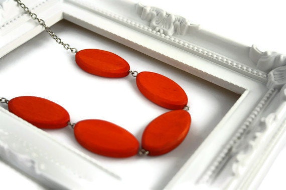 Chunky bead necklace. Tangerine orange necklace with wood beads. Perfect summer fashion.