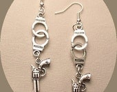 Silver Gun Handcuff Earrings Anti-Crime Conceptual Long Dangle Earrings Steampunk Unique Kitsch Fun Modern Goth Minimalist Odd Earrings
