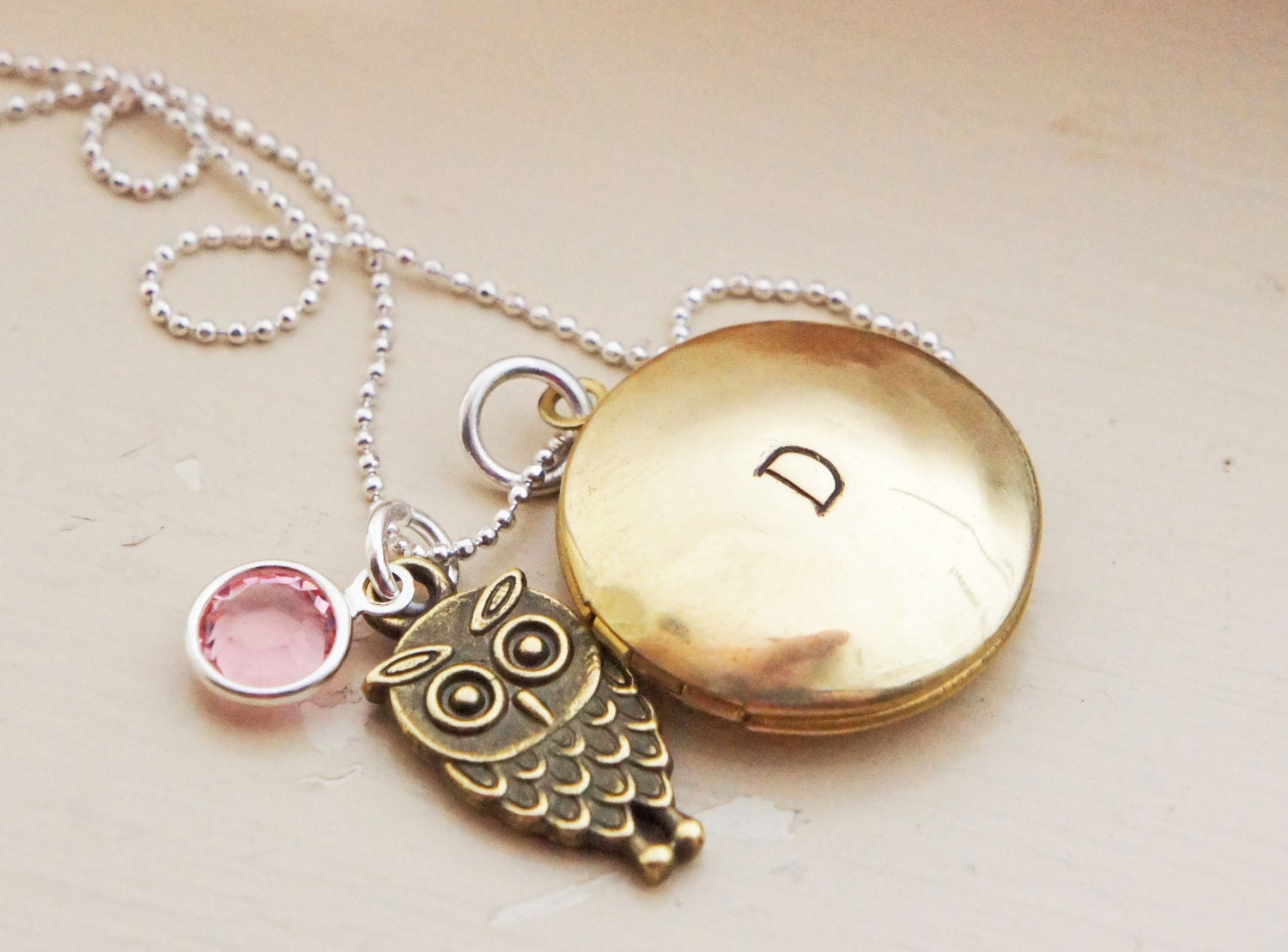 Personalized Locket Necklace - Custom Vintage Style Brass Initial Locket Owl Charm Birthstone Sterling Chain Mommy Jewelry Mothers Day Gift