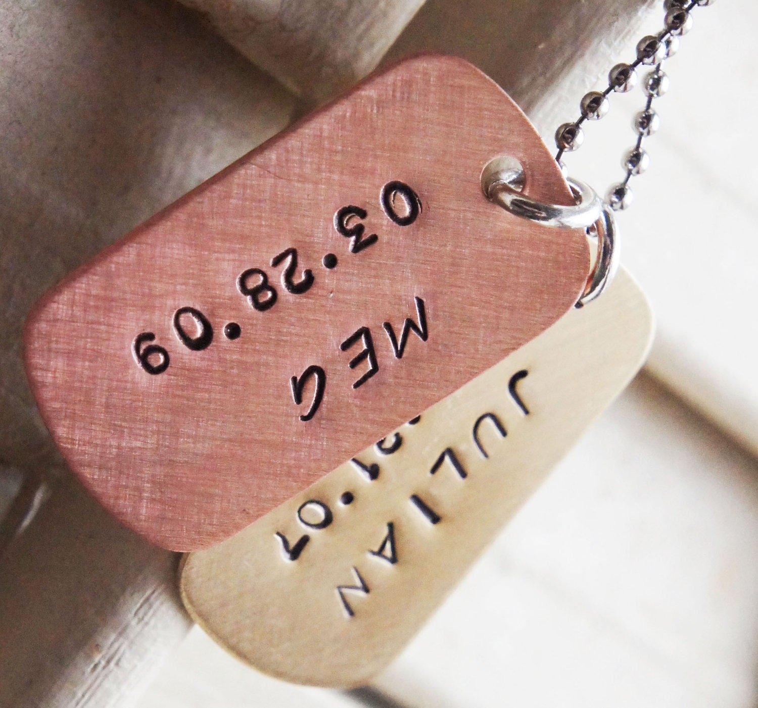 Personalized Dog Tag Necklace - Custom Mini Hand Stamped Dog Tag Necklace Long Stainless Steel Chain - Brass Copper Gift for Him Fathers Day