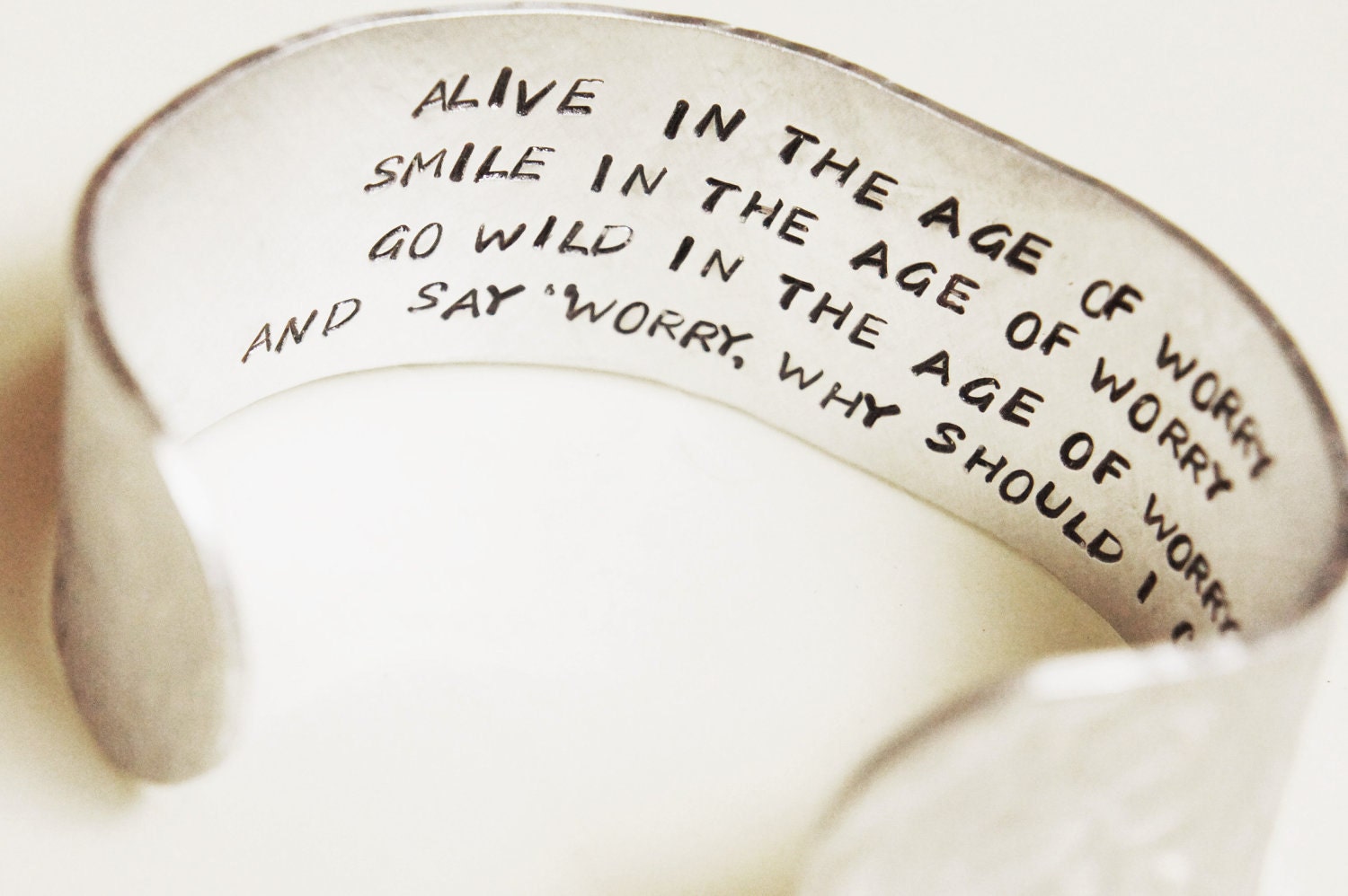 Custom Quote Cuff Bracelet Silver Hand Stamped 1 inch Aluminum Hidden Message Personalized Text Textured Finish Adjustable Cuff