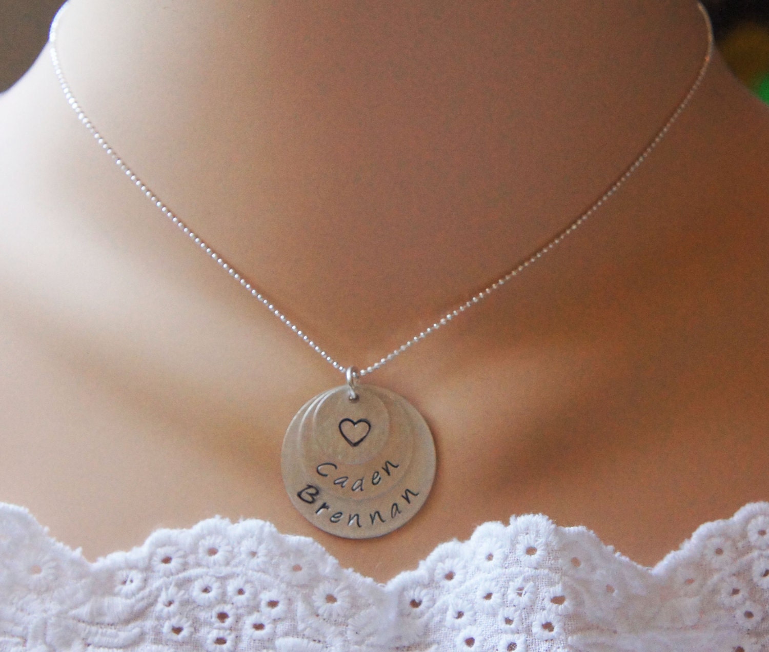 Personalized Mother's Name Necklace Custom Sterling Silver Hand Stamped Triple Disc Mother of two or three Necklace - Mothers Day Gift