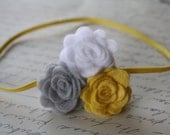 Baby Girls Felt Flower Headband- Yellow and Gray Headband - Baby Girls Newborn Toddler Adult Headband