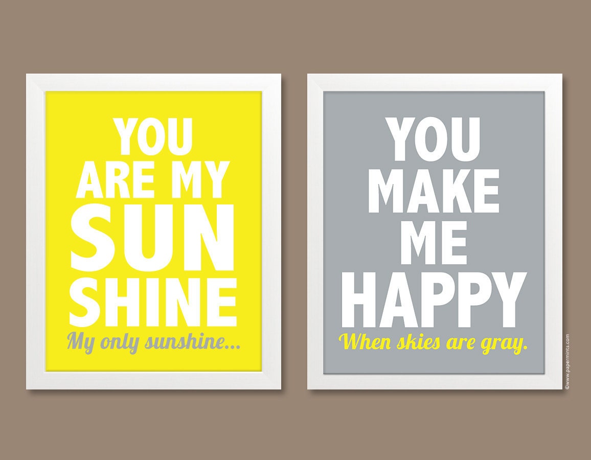 You Are My Sunshine Print (Set of 2 Prints) - 8x10 - Nursery Wall Art, Typographic Print