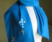 Turquoise Flannel Scarf with Four Crosses of Vintage Mother of Pearl and Shell Buttons
