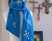 Turquoise Fashion Scarf with Three Crosses of Vintage Buttons