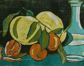 Peeled Orange, relief woodcut still life