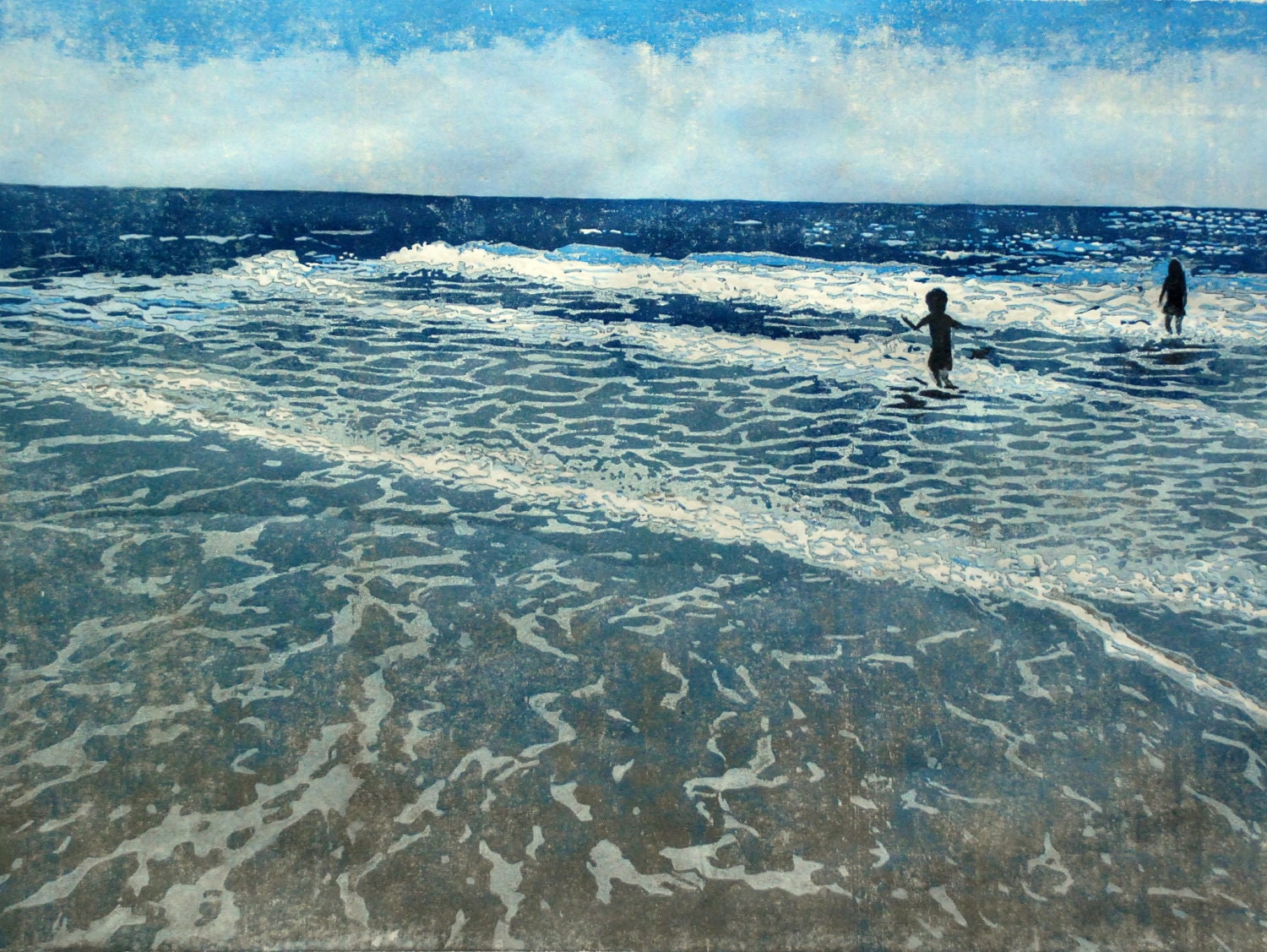 Time at the Shore, relief woodcut