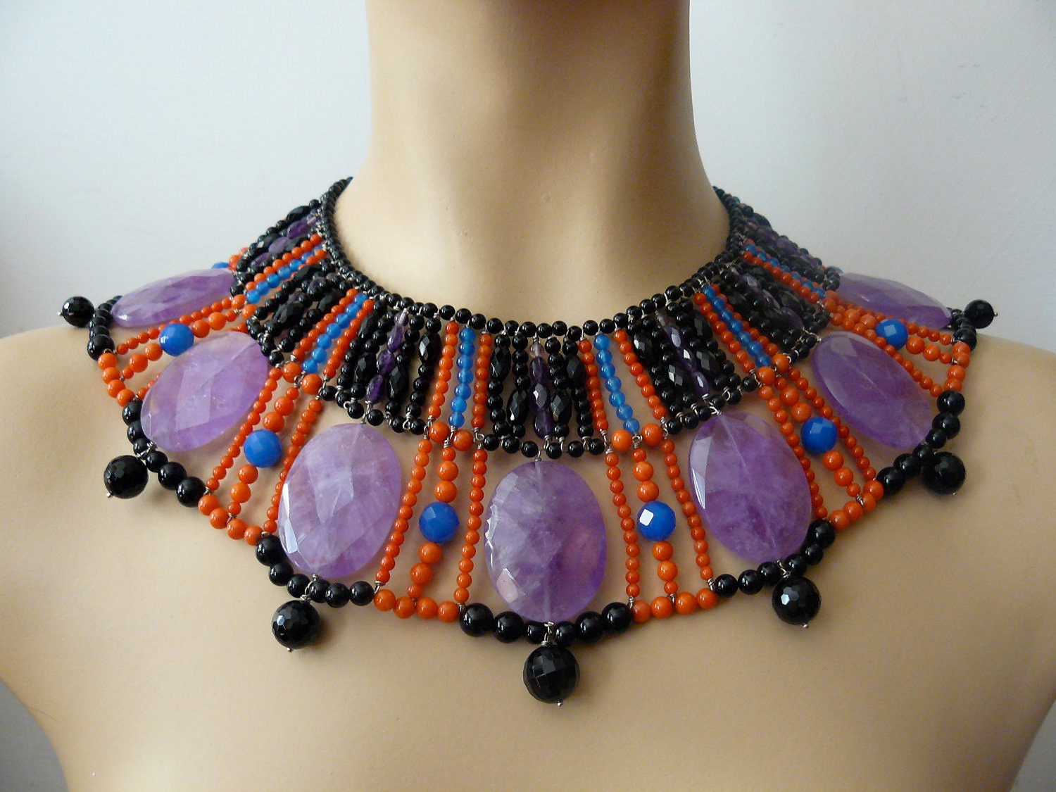 Dramatic egyptian necklace, amethyst, onyx and coral beads , Juno