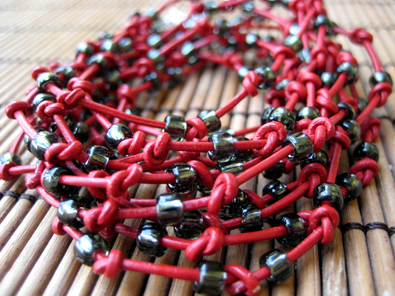 Red Leather Wrap Bracelet with Gun Metal Beads