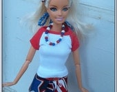 Barbie Clothes Outfit Raglan Baseball T-Shirt Patriotic American Print Pleated Skirt Red White Blue Hair Candy Fashion Doll Necklace