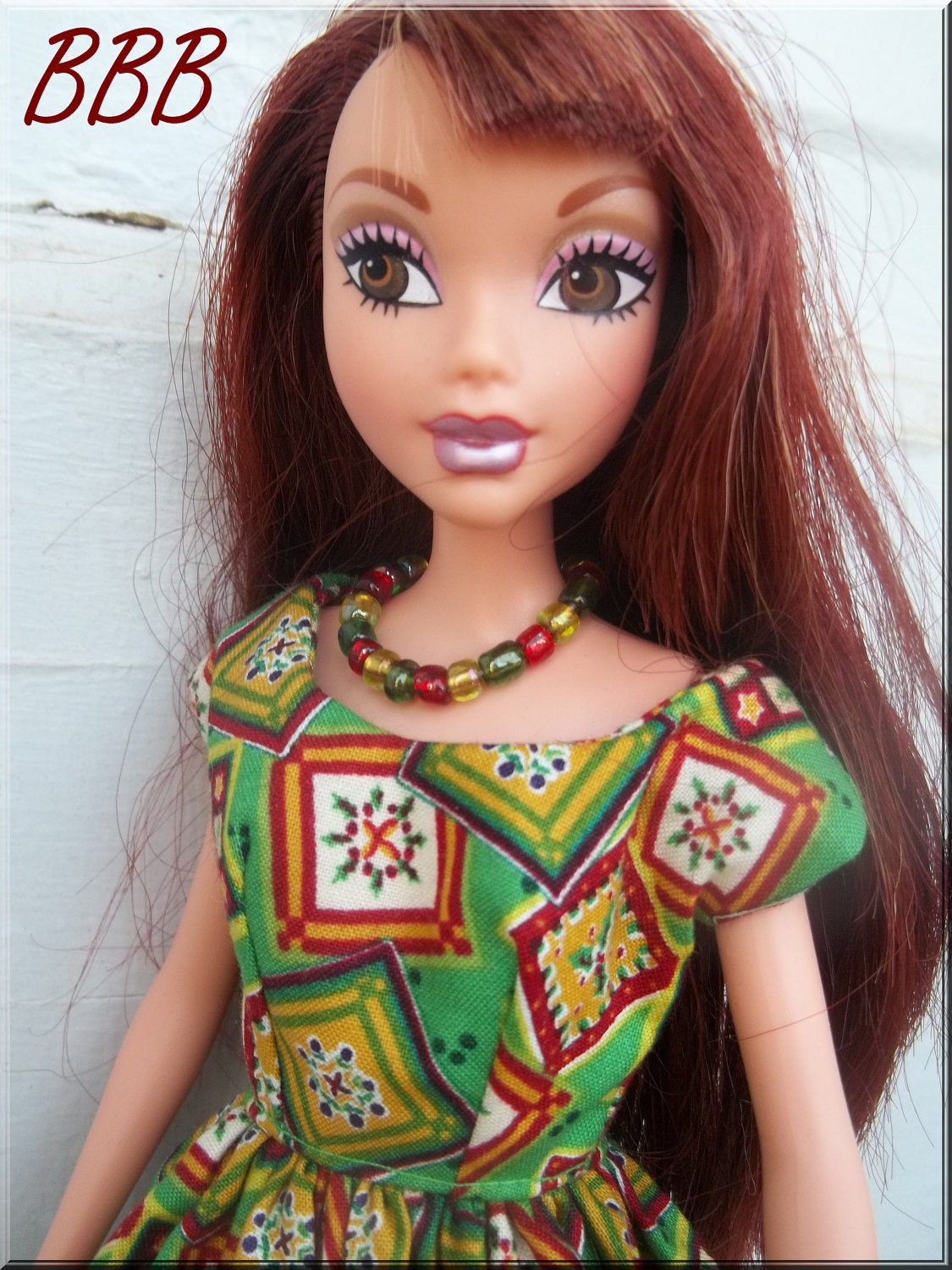Barbie Holiday Dress Christmas Clothes Red Green Yellow Beaded Necklace