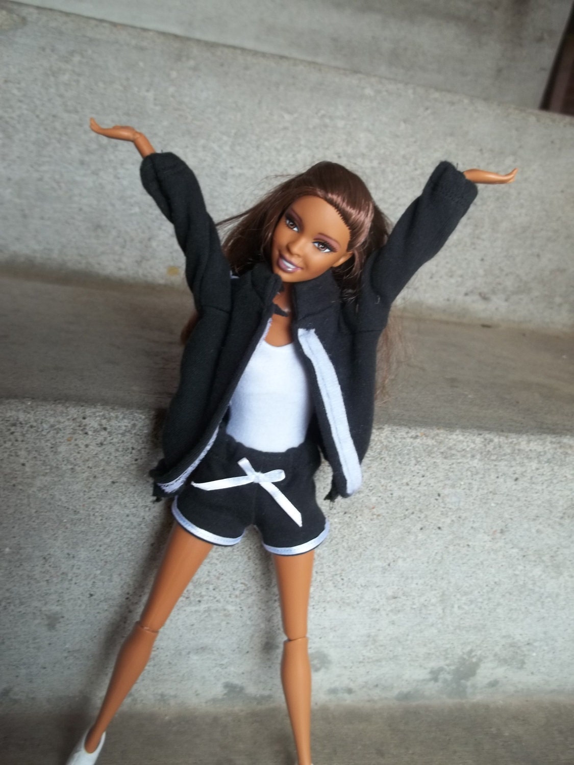Barbie Workout Clothes Black Track Suit Jacket Shorts White Leotard