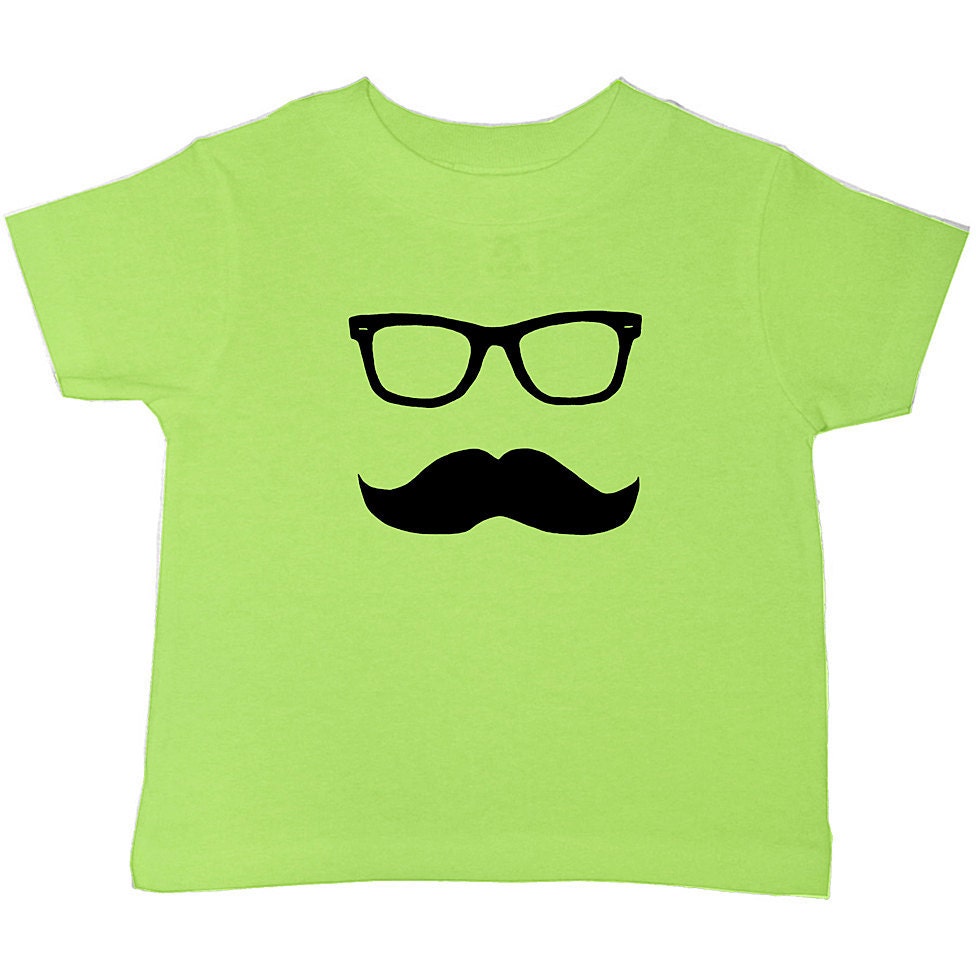 Children's Kid's Mustache Wayfarer - T Shirt Toddler Shirt - Sizes 18M 2T 3T 4 5 6  7 - Green  (4 COLORS)