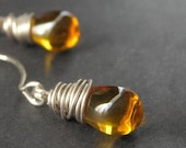 Amber Honey Elixir Earrings with Silver Wire Wrapped Glass Teardrops. Handmade Jewelry.