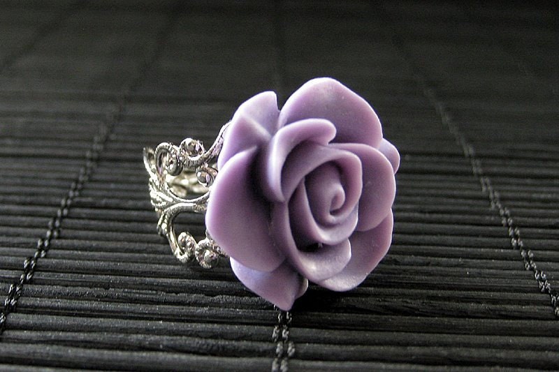 Lavender Purple Rose Ring. Silver Filigree Adjustable Ring. Flower Jewelry by SOS. Handmade Jewelry.