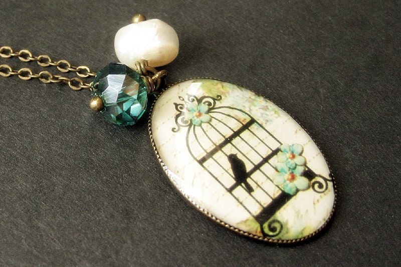 Birdcage Necklace in Cream with Teal Crystal Charm and Fresh Water Pearl. Handmade Jewelry.
