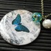 Teal Butterfly Charm Necklace in Bronze with Teal Crystal Charm and Genuine Pearl. Handmade Jewelry.
