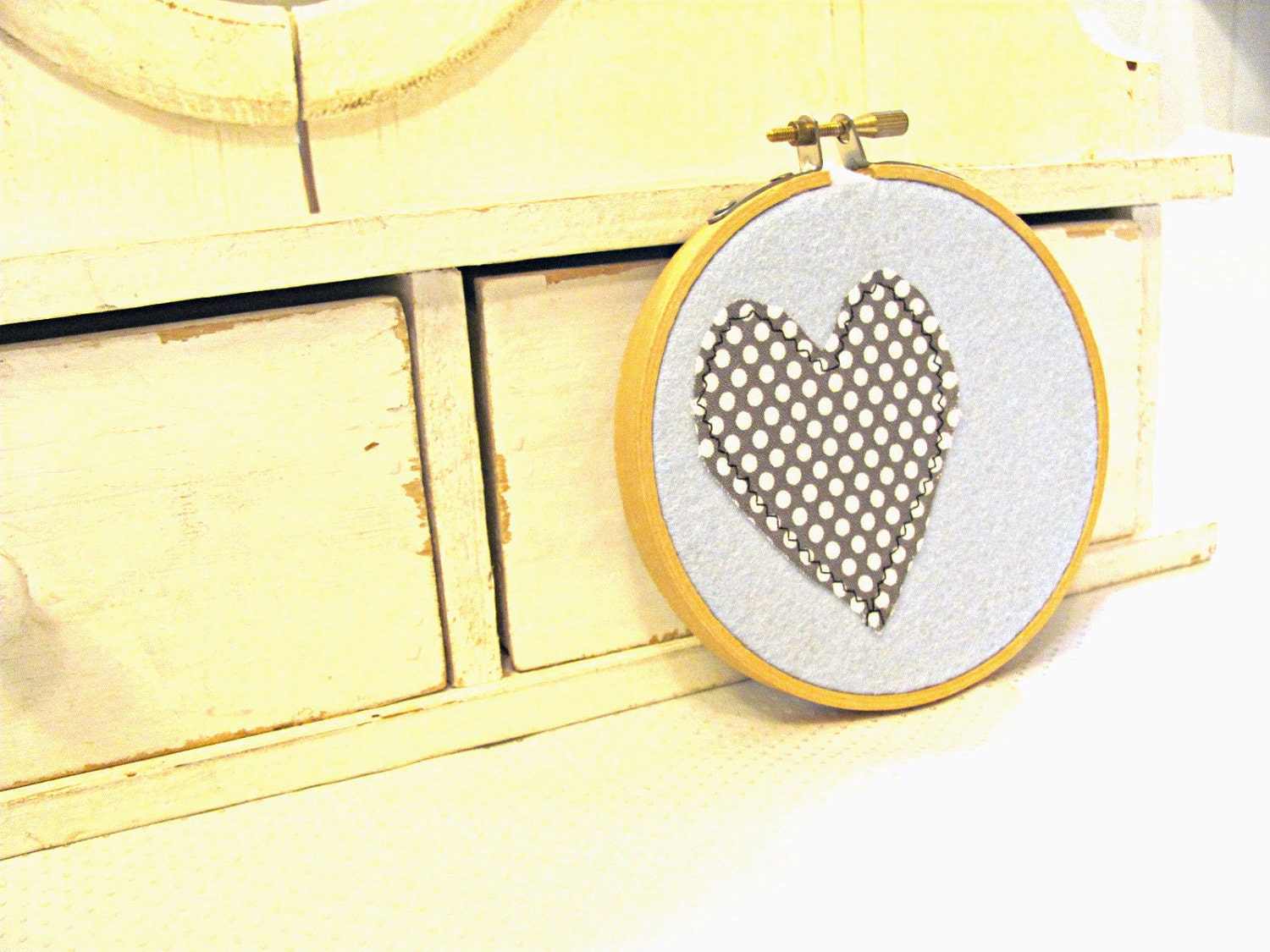 Embroidery Hoop Art,Spring,Mon Coeur Grey Heart Wall Hanging, Home Decor,Cottage Chic, Children's Room, Folk Art