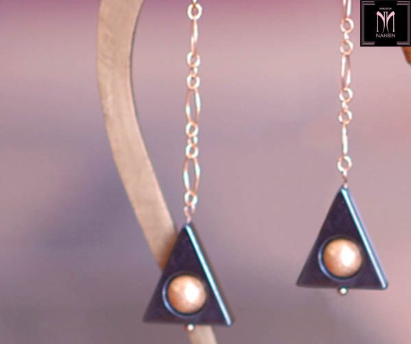 Grey Pyramid Earrings of Hematite and Gold Chain