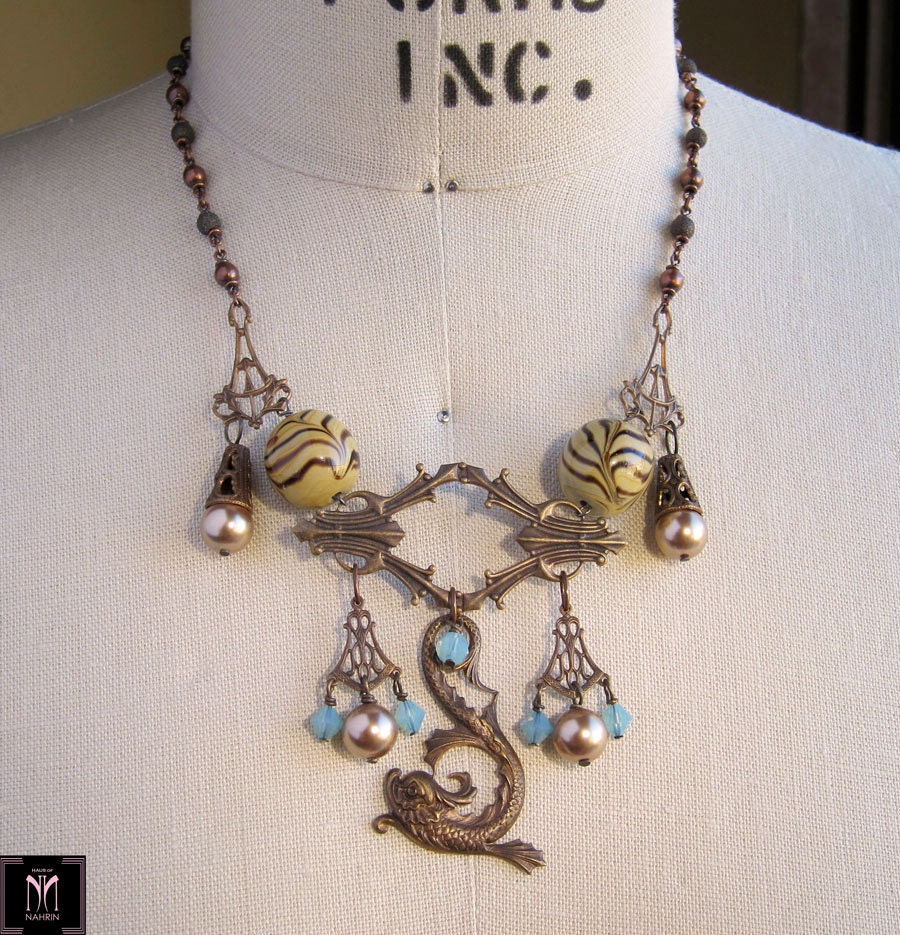 Steampunk Victorian Necklace with Aqua Crystals and Gold Pearls