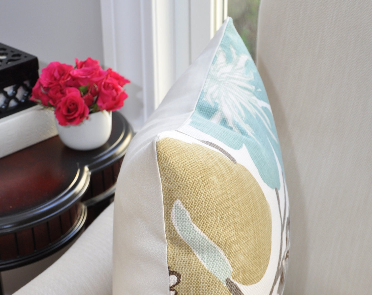 READY TO SHIP // Kravet Jellybean Floral Pillow Cover -- 18x18 -- Aqua/Gold/Gray -- Zipper Closure