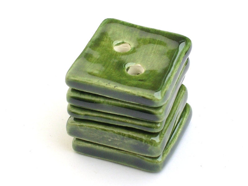 Square green buttons - set of 5 - handmade earthenware