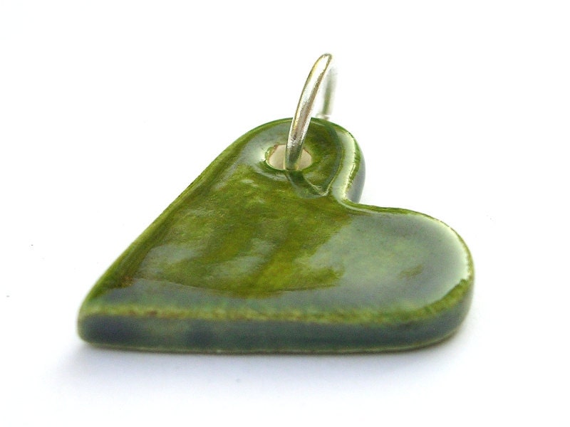 Green heart ceramic pendant with silver plated jump loop - handmade