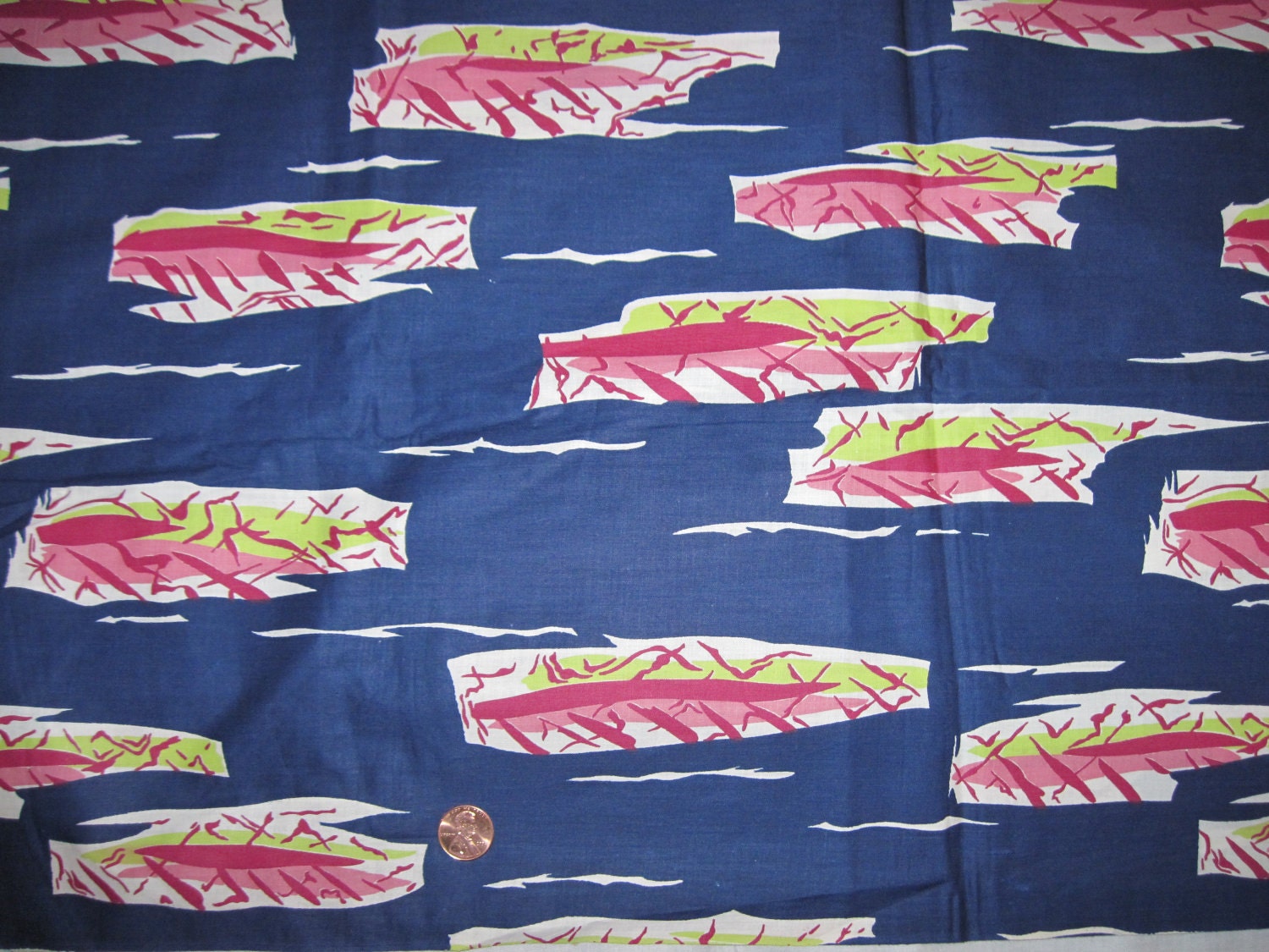 Vintage 1950's Cotton Fabric- Modern Abstract Print in Lime, Cranberry, Pink, and  White on Navy