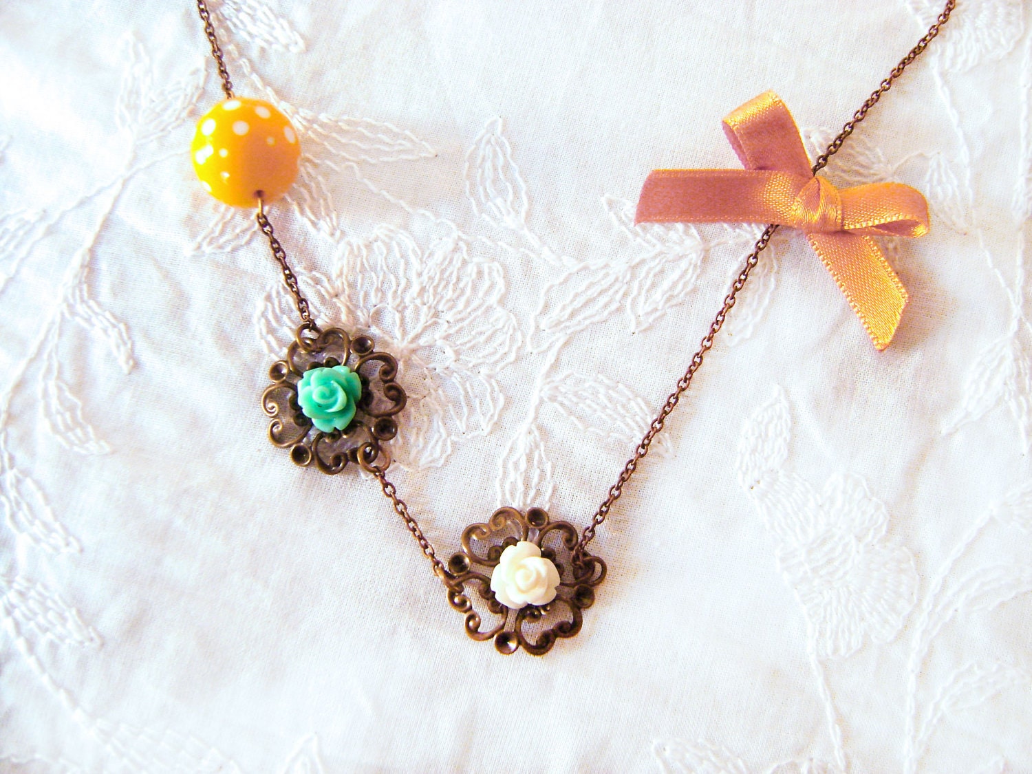 Vintage flower necklace mustard bow. Shabby chic necklace. Turquoise, mustard, white, mimosa, polka dots. Asymmetric necklace.