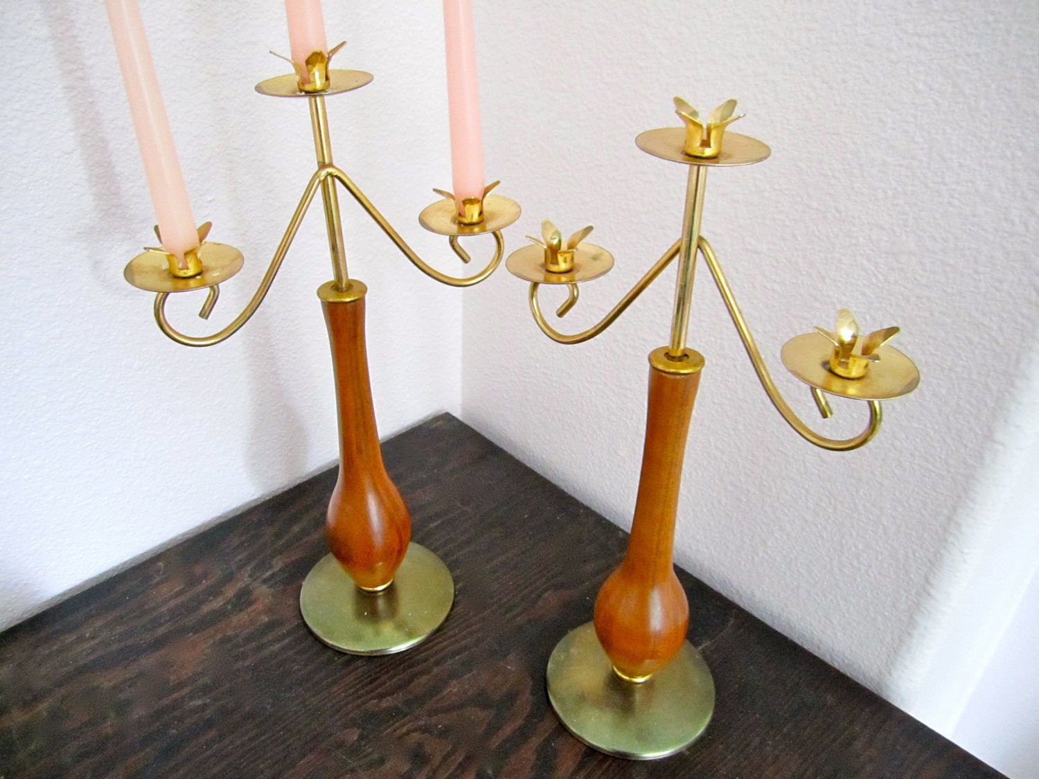 Modern mid century danish style candelabra holds 3 candles each wood and brass goldtone color