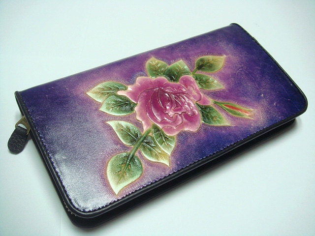 Handtooled Flower Women leather zipper purse ( Purple )