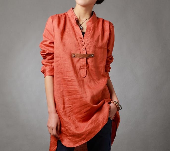 Spring orange shirt linen asymmetric long sleeved shirt