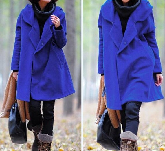 Blue Hoodie Wool cape winter coat